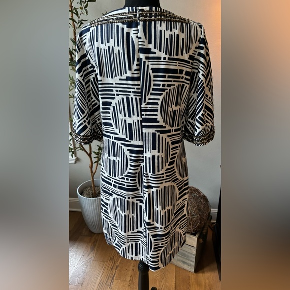 Trina Turk Navy White Cotton Lek Bamboo Forest Embellished Dress - size 10 - Picture 4 of 6